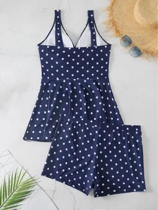 Blue polka dot print plus size women's bikini swimsuit with briefs style shorts