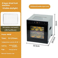 Stainless steel fruit dehydrator with multiple trays, LED control panel, and visual skylight design.
