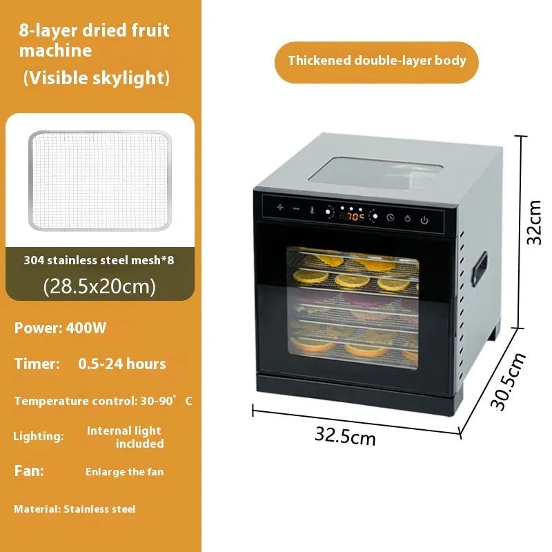 Stainless steel fruit dehydrator with multiple trays, LED control panel, and visual skylight design.