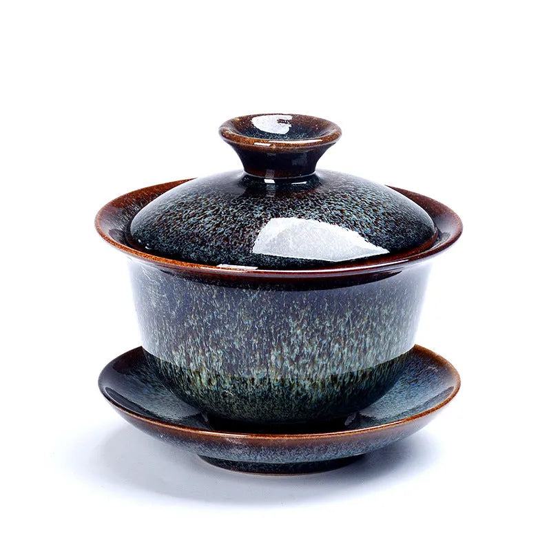 Three-piece ceramic tea set with covered bowl and teacups, transmutation glaze finish in five colours