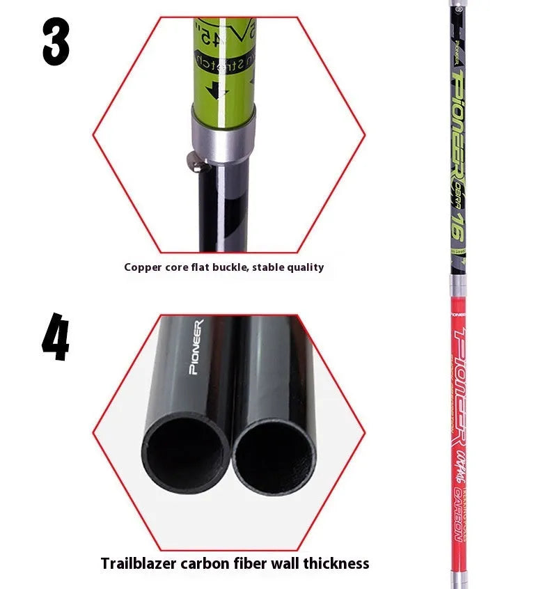 Carbon fibre folding climbing cane with tungsten steel tip shown in extended and collapsed positions