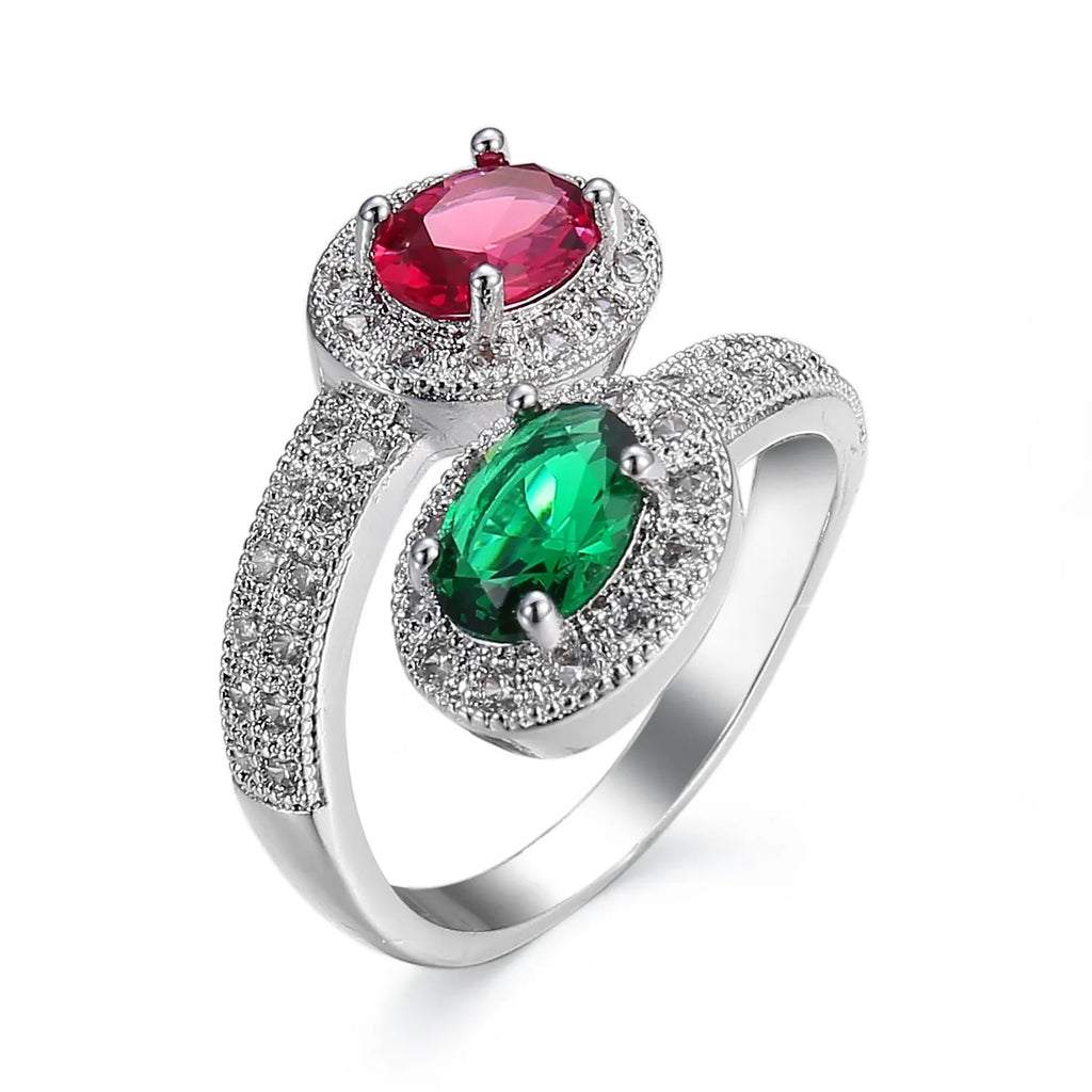 Fashion copper ring for women with zircon stones in rose jade colour, shown on hand