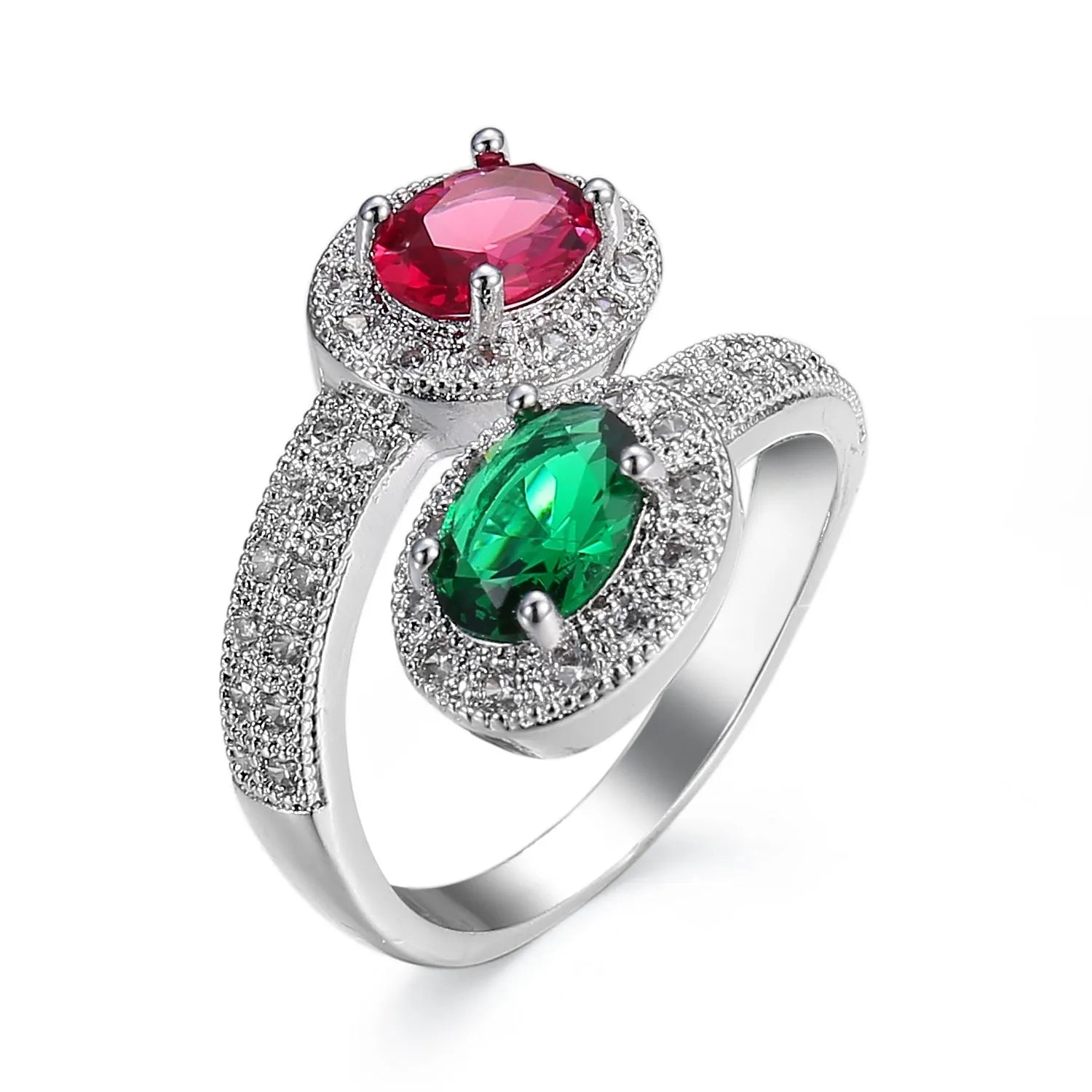Fashion copper ring for women with zircon stones in rose jade colour, shown on hand