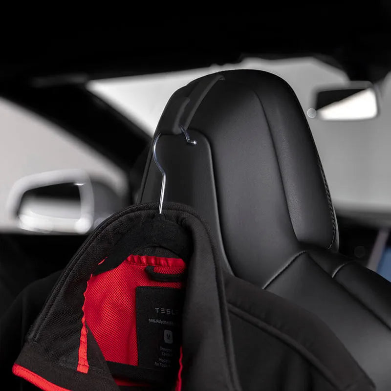Metal car seat clothes hook for Tesla Model S and Model X, 26x20 cm, silver finish, designed for second-generation seat gap installation.