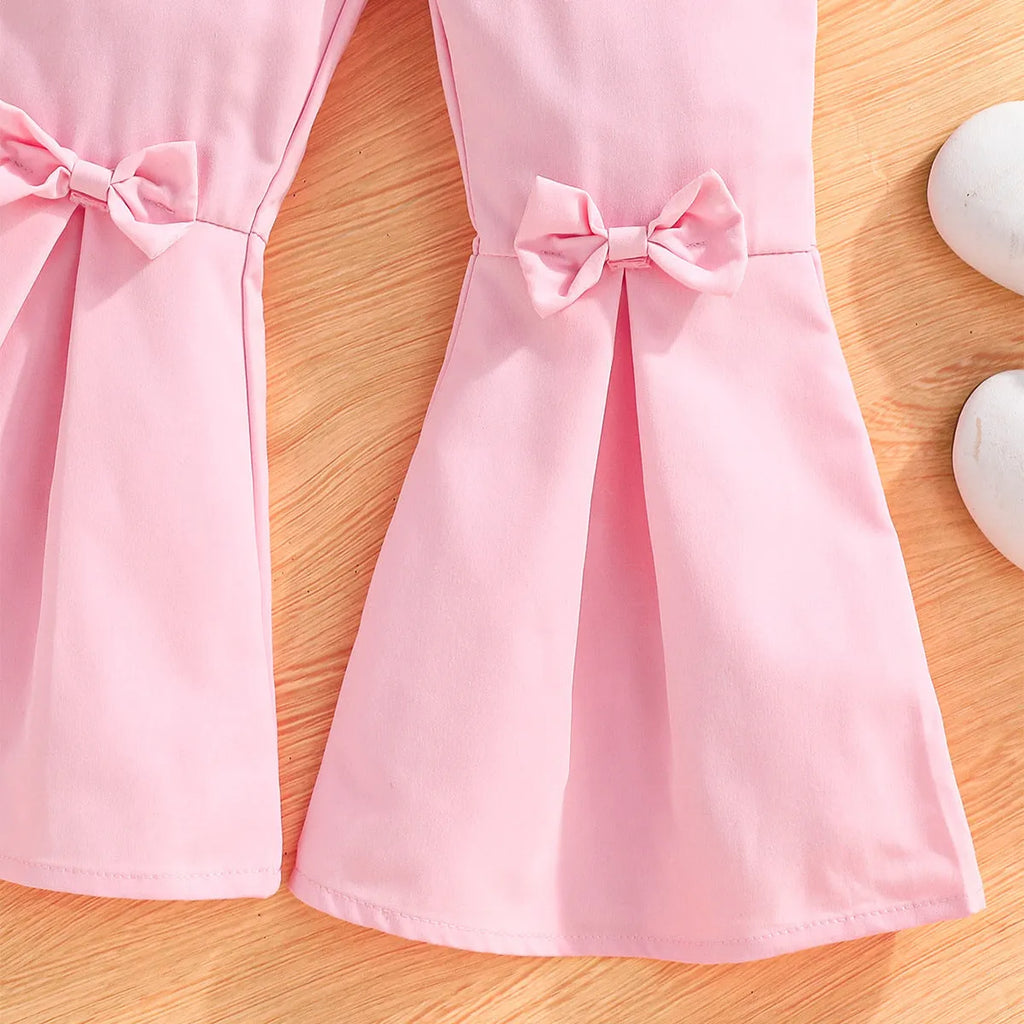 Girls' solid colour mesh sleeve top and bell-bottom trousers suit in polyester