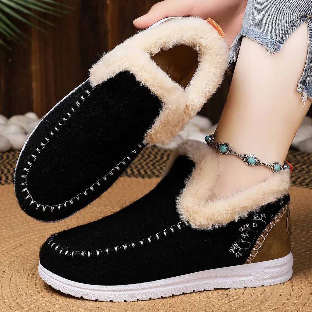 Pair of women's cold-proof cotton overboots with flat heel and PVC sole, shown in a choice of colours