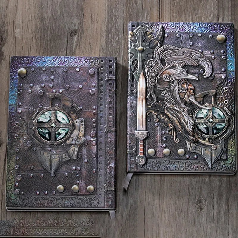 A5 leather notebook with embossed 3D warriors design on the cover, shown in a choice of colours.