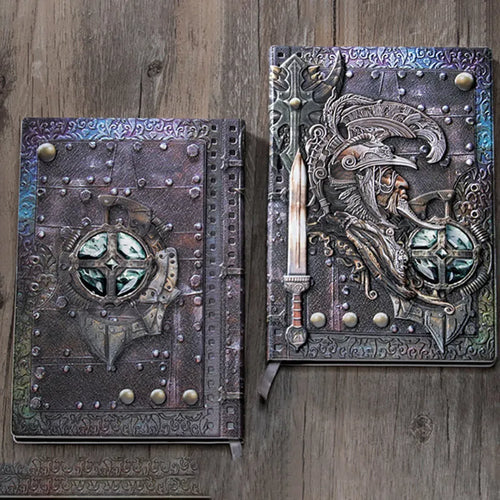 A5 leather notebook with embossed 3D warriors design on the cover, shown in a choice of colours.