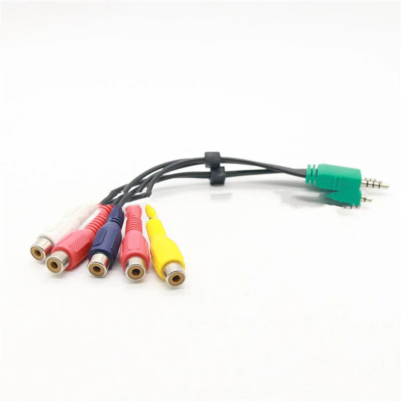 Black tinned copper AV cable with 3.5mm plus 2.5mm plug on one end and five RCA connectors on the other, 18cm length