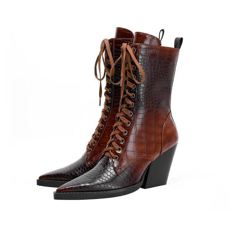 Women's dark brown retro pointed toe ankle boots with a chunky heel and side zip.
