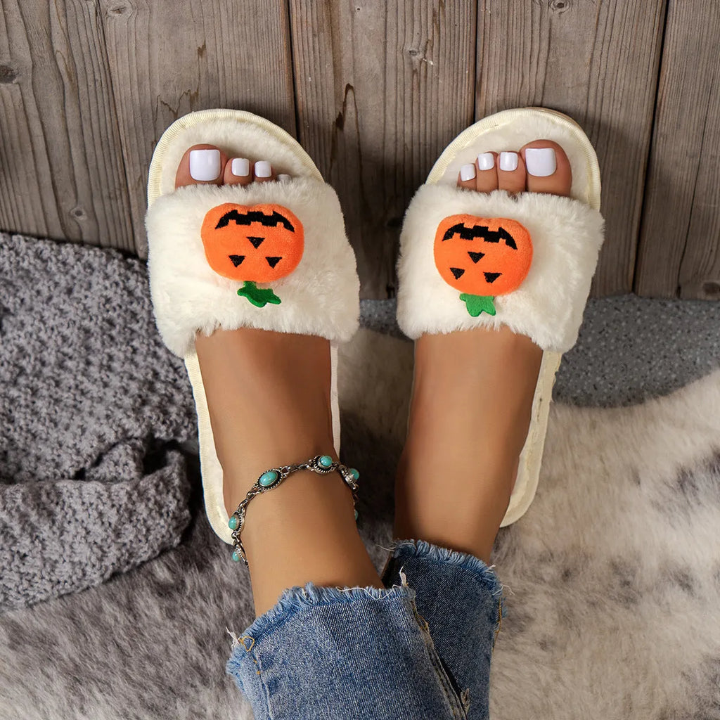 White and yellow Halloween pumpkin cartoon plush slippers with open toe design and anti-slip soles