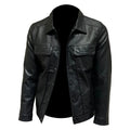 Front view of a black men's artificial leather biker jacket with loose fit, medium length, on a neutral background
