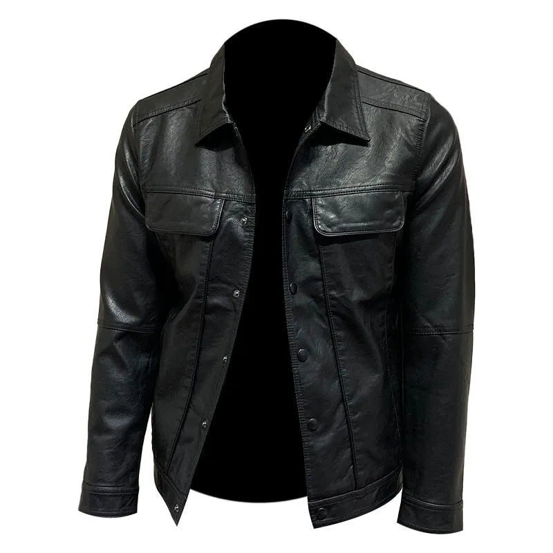 Front view of a black men's artificial leather biker jacket with loose fit, medium length, on a neutral background