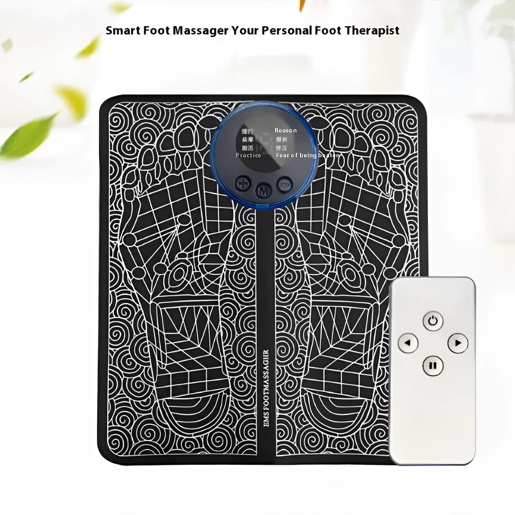 Leather foot massage cushions with a wireless remote control on a grey background.