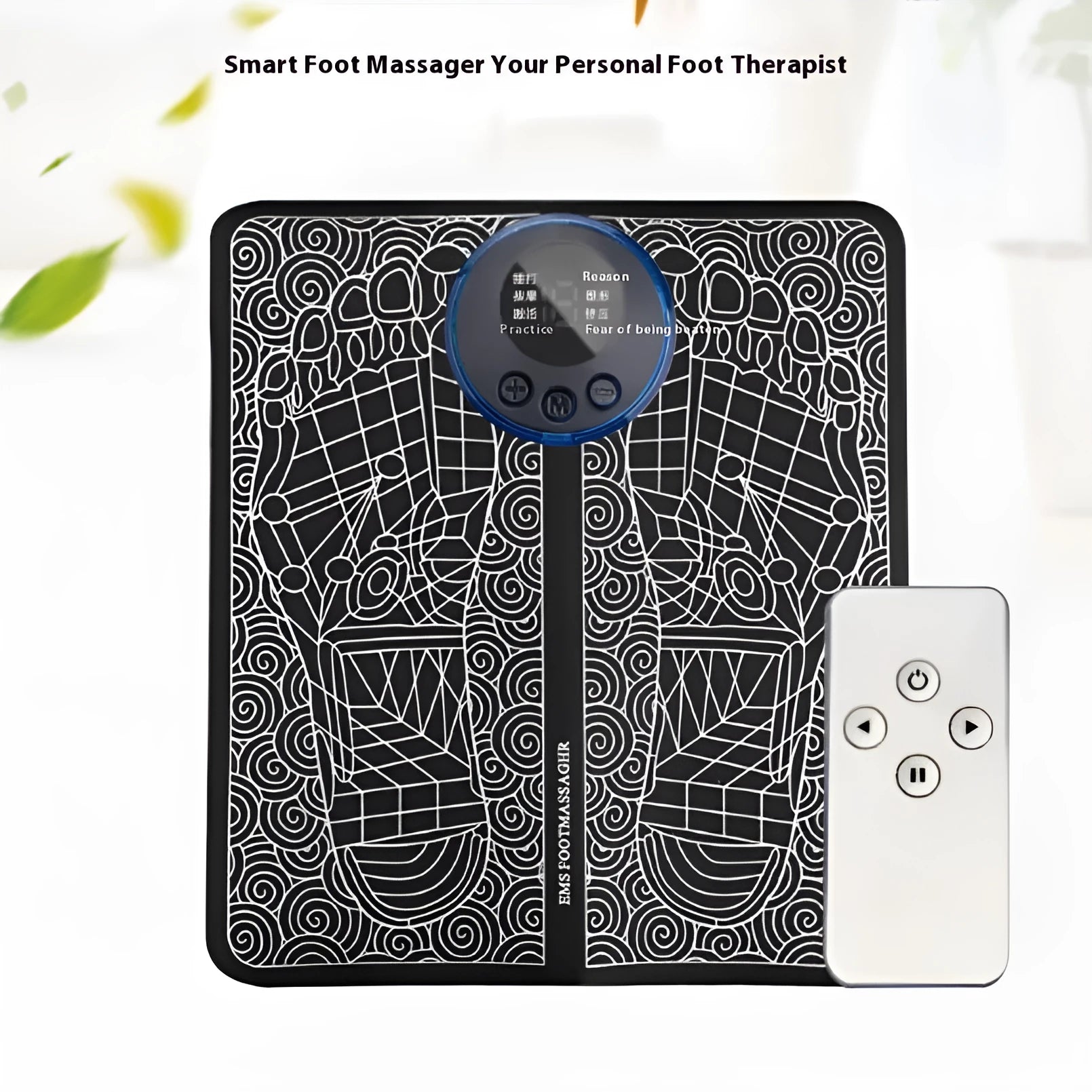 Leather foot massage cushions with a wireless remote control on a grey background.