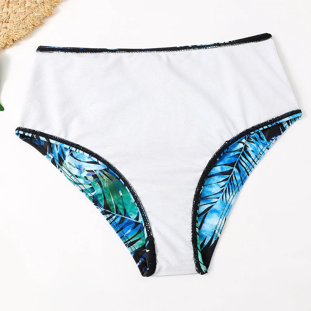 Peacock blue polyester high waist bikini set with ribbon detail on woman at beach