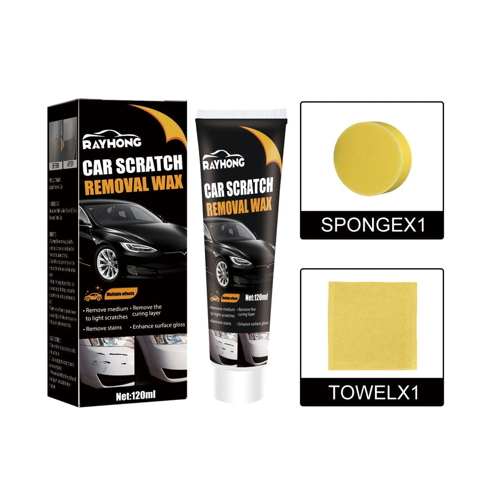 Car scratch wax 120ml bottle with included application sponge and buffing towel for paint protection.
