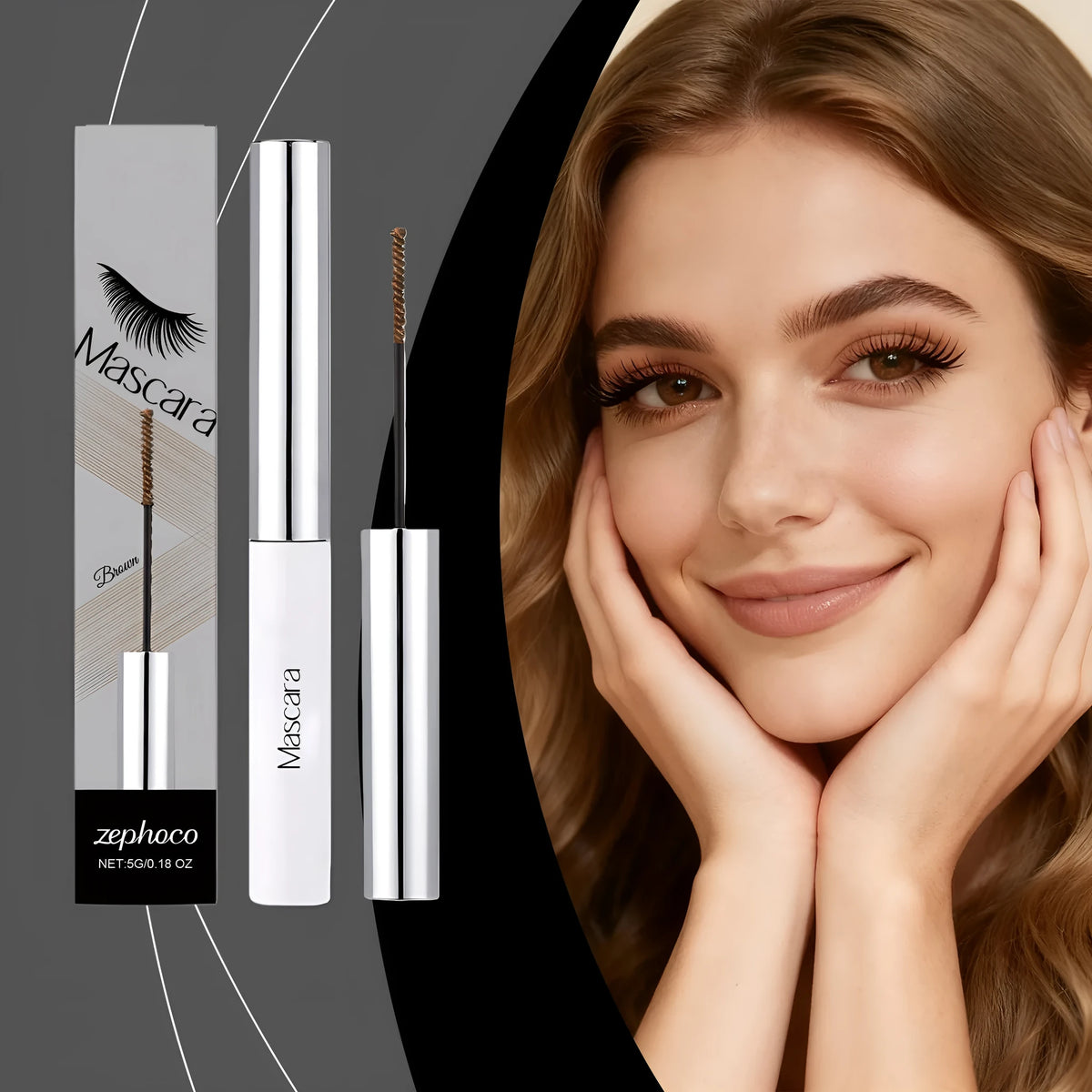 Lightweight smudge-proof mascara 5g tube with beeswax and vitamin E, 12.7cm compact size.