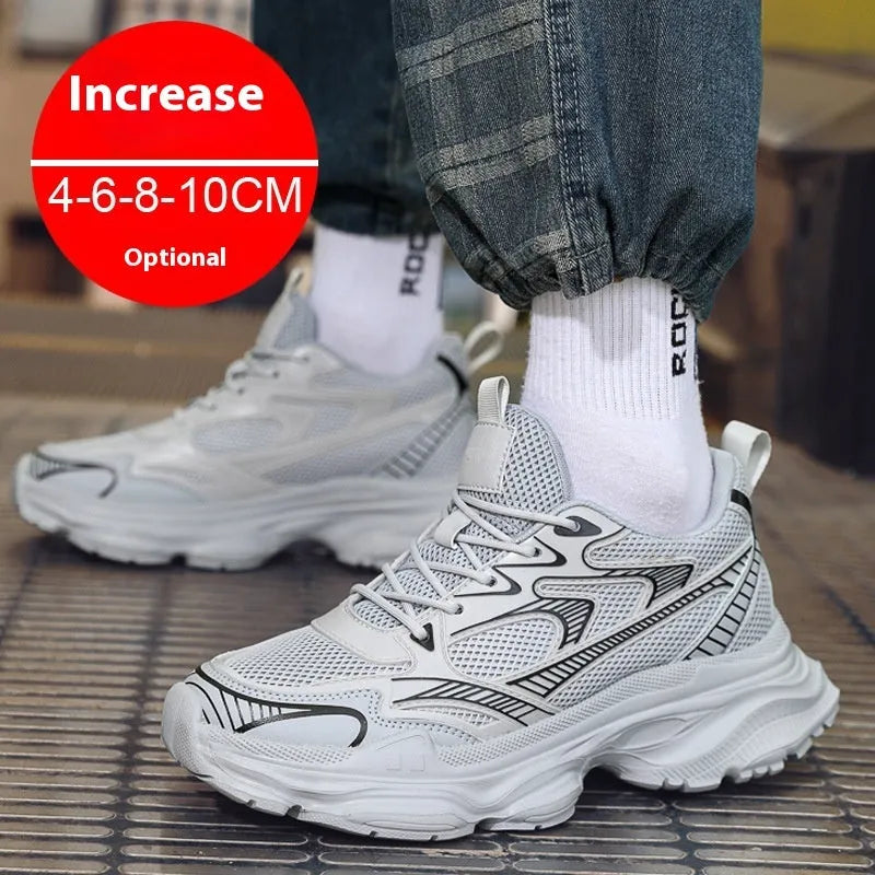 Casual breathable clunky sneakers with height-increasing insole, mesh lining, and rubber EVA PU sole in white, black, or grey.