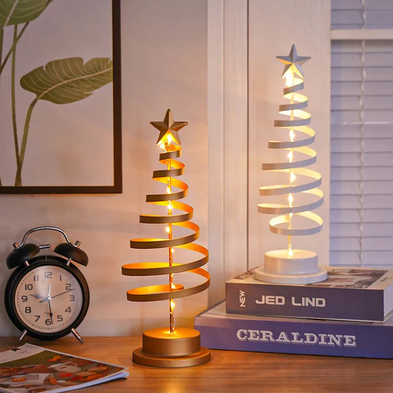 33cm tall wrought iron LED Christmas tree spiral light with warm white lights on tabletop