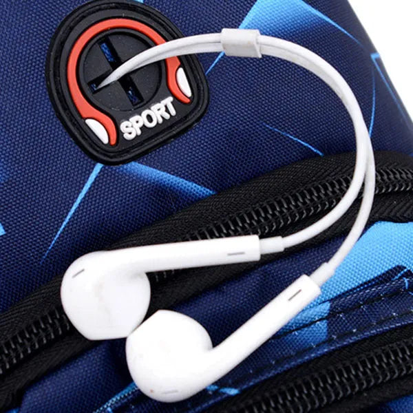 Blue men's crossbody sling bag with earphone hole, made from Oxford cloth, showing front zipper and strap.