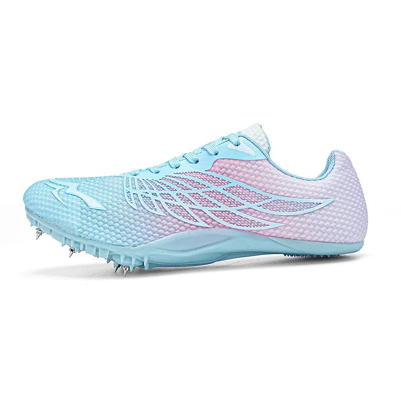 Track and field spiked shoes with mesh upper, PVC sole, front tie-up fastening, white and blue, sizes 36-45