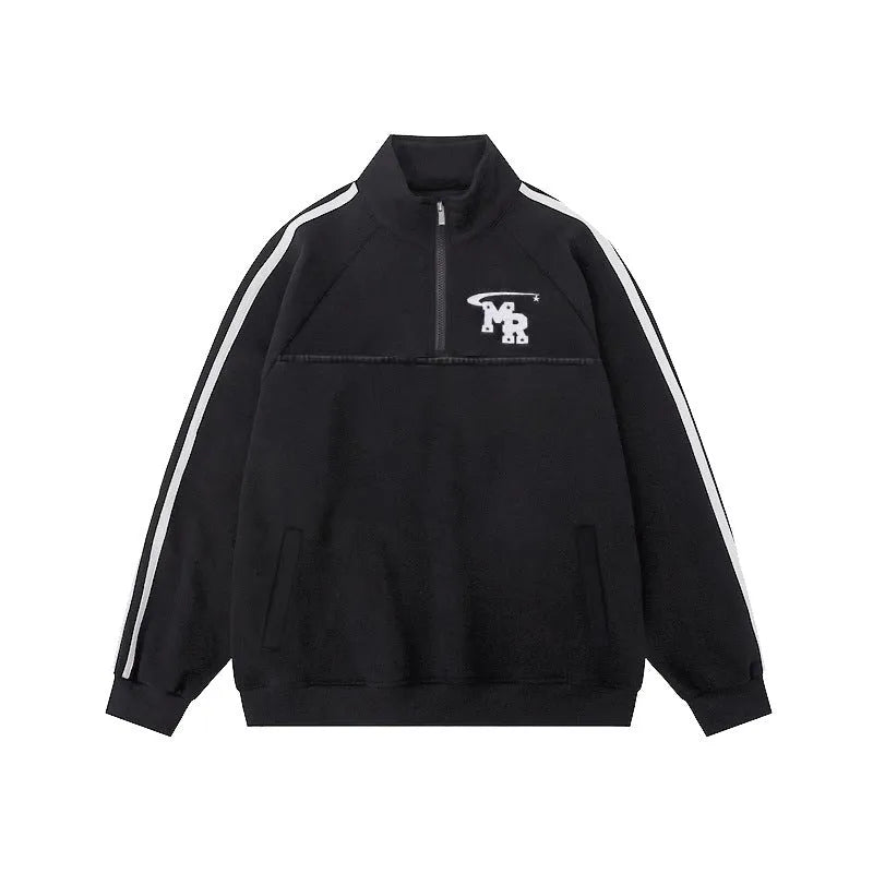 Man wearing a black American retro stand collar long sleeve hoodie coat.