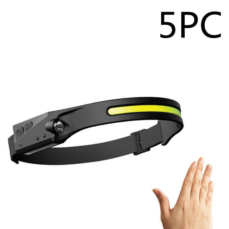 Black USB rechargeable headlamp with a wide COB LED lens and a side wave sensor on the headband.