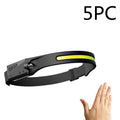 Black USB rechargeable headlamp with a wide COB LED lens and a side wave sensor on the headband.