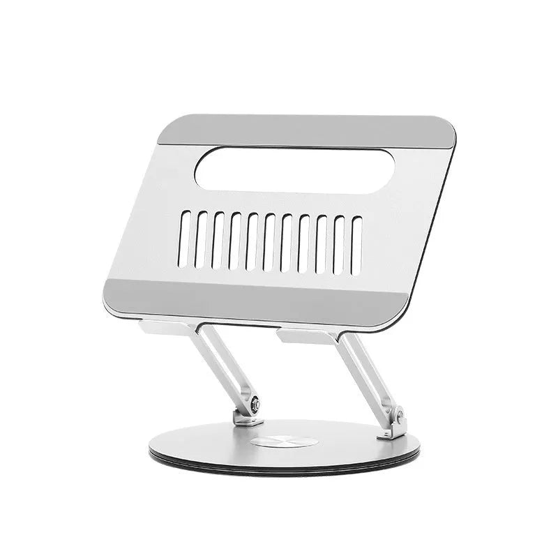 Silver aluminium alloy laptop stand in unfolded position showing rotatable base and height adjustment mechanism