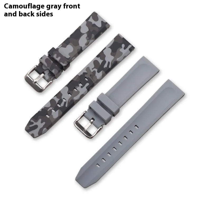 Blue camouflage silicone watch strap showing flat head design and texture.