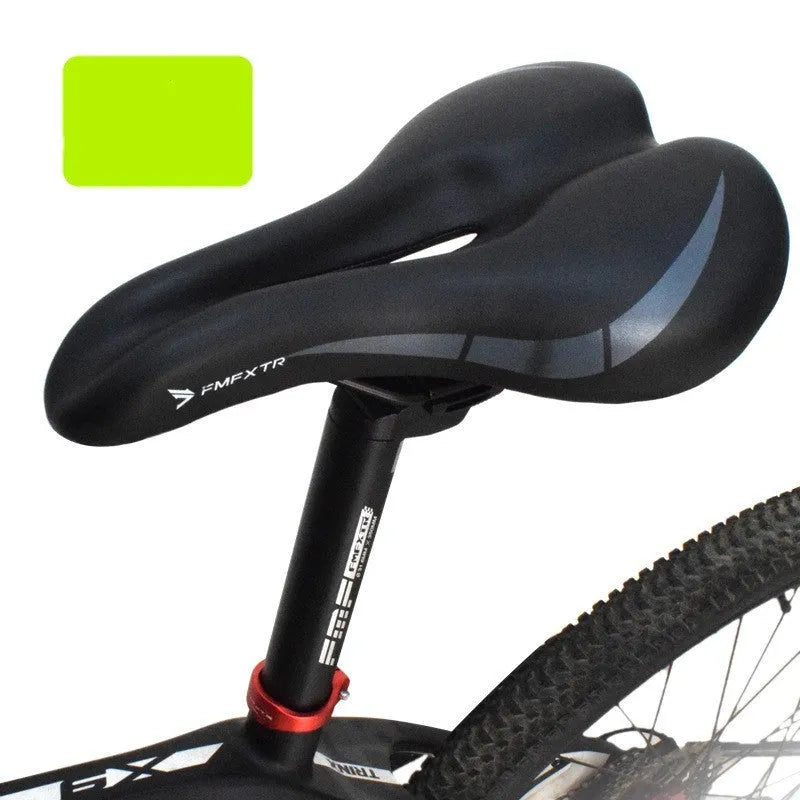 Bike saddle cushion with hollow pattern in PU leather, shown attached to a bicycle seat post.