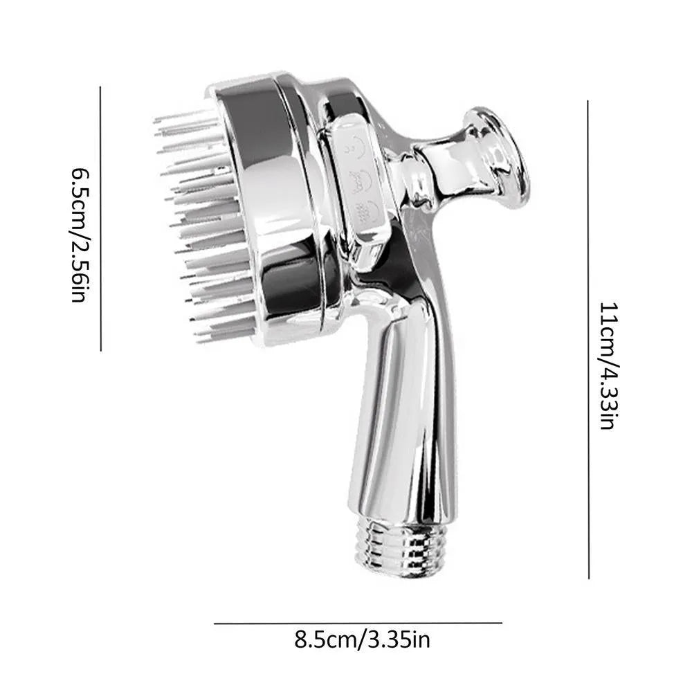 Silver dog shower attachment with silicone comb teeth and ergonomic grip for pet bathing