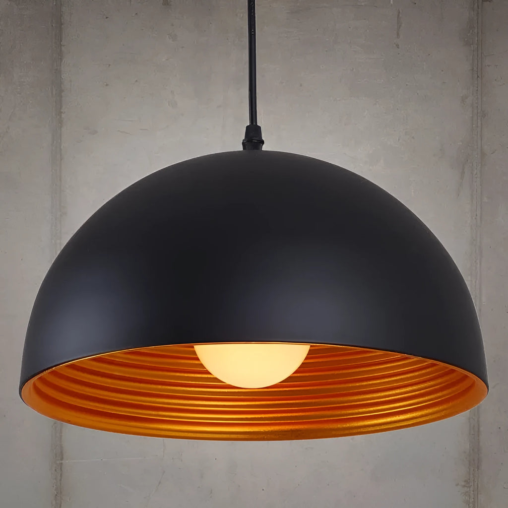 Industrial style pendant light with double-layer semicircle shade in black or white with gold interior, 30cm to 50cm