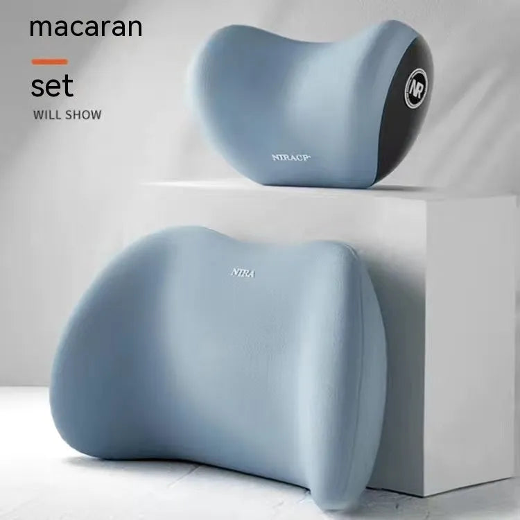 Black memory foam car headrest pillow and matching lumbar support pillow with a milk silk cover.