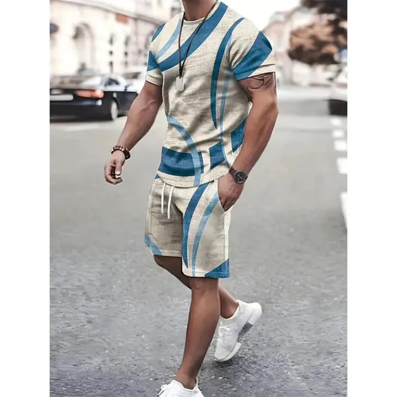 Men's two-piece polyester short-sleeved T-shirt and shorts leisure suit in outdoor setting