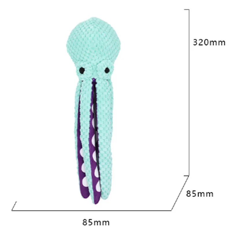 Blue octopus plush dog chew toy with long legs and a squeaker inside.