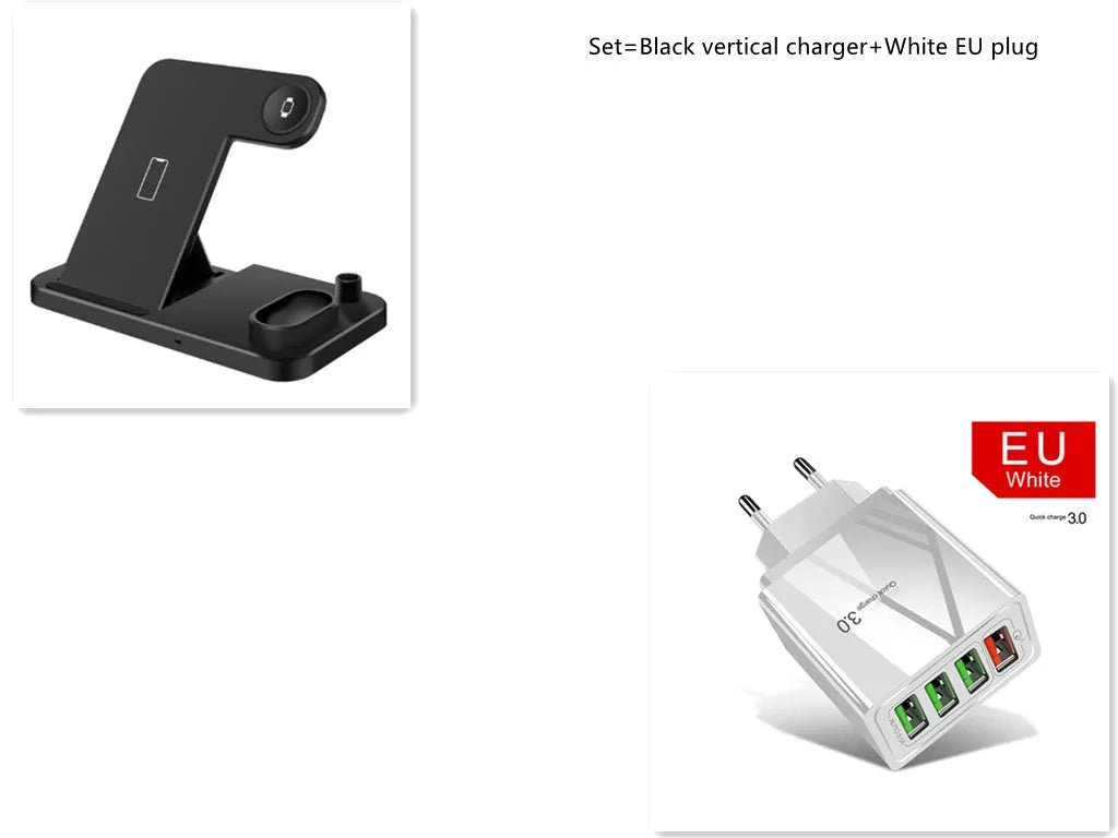 Black 4-in-1 wireless charging dock with phone on adjustable stand, Apple Watch and AirPods on charging modules
