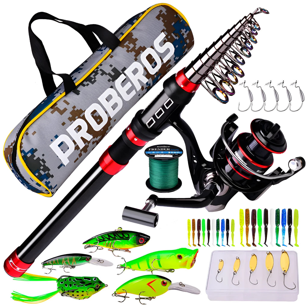 Long cast fishing rod reel and lure combination set with red colour and storage bag