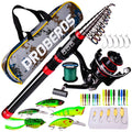Long cast fishing rod reel and lure combination set with red colour and storage bag