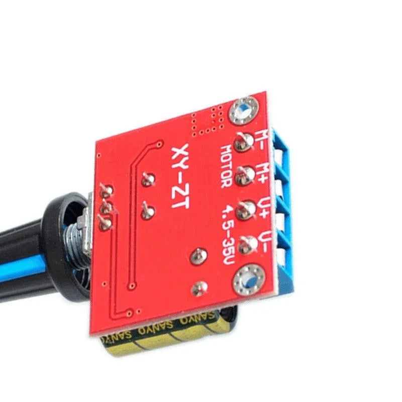 PWM DC motor speed governor with knob and switch, showing compact size.