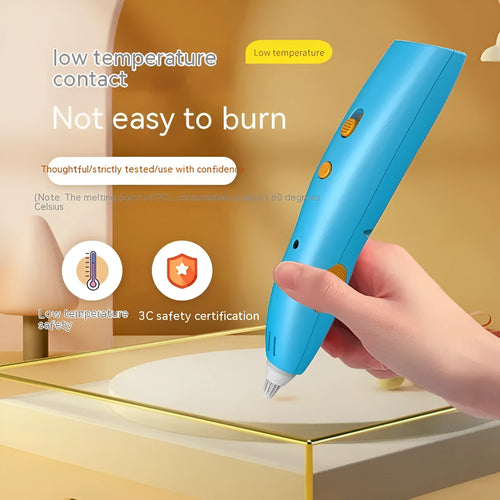 Wireless 3D printing pen for children, plastic body, 142x29x26mm, in blue on white background