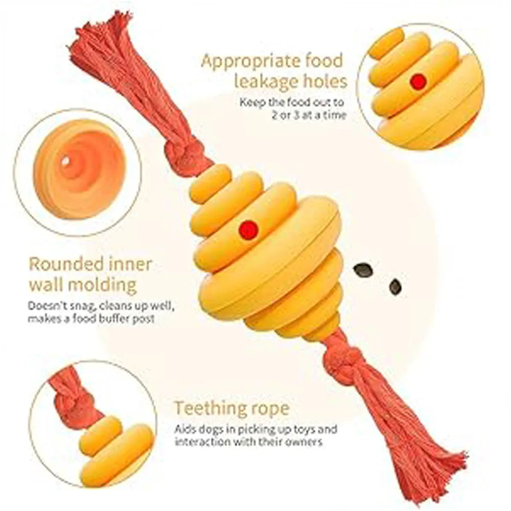 Green and yellow spiral dog ball with attached rope for tug-of-war and treat dispensing