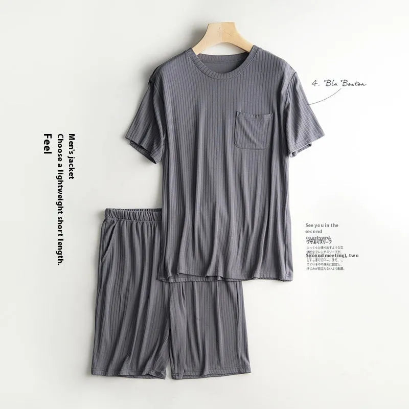 Men's thin polyester summer T-shirt and shorts home wear suit in oatmeal color with deep gray shorts