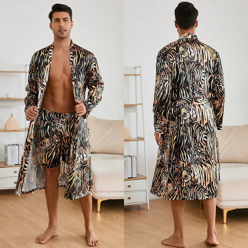 Men's tiger print bathrobe set with long sleeves and matching shorts
