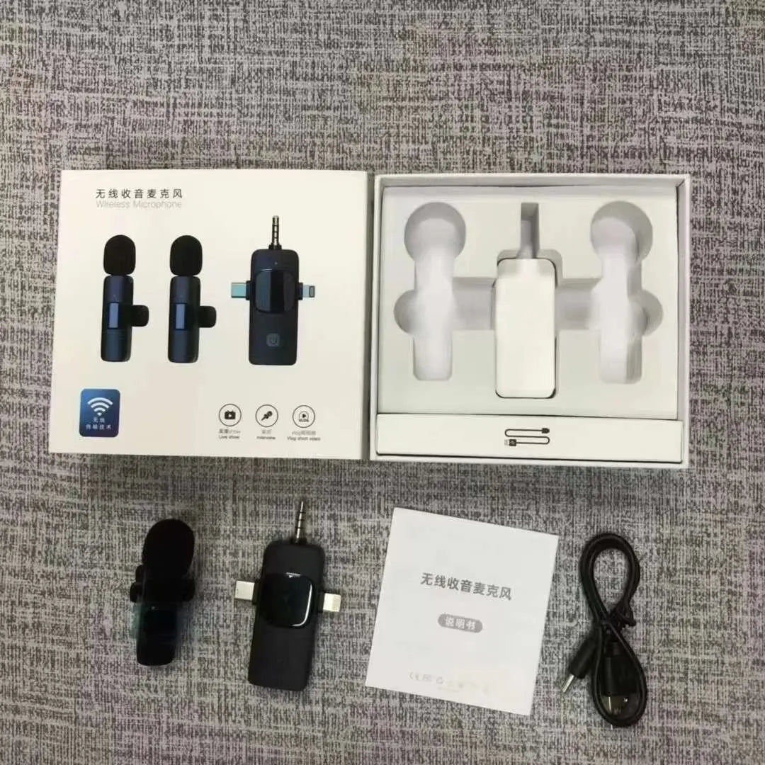 Wireless collar clip microphone for outdoor video recording with multiple interface connection options