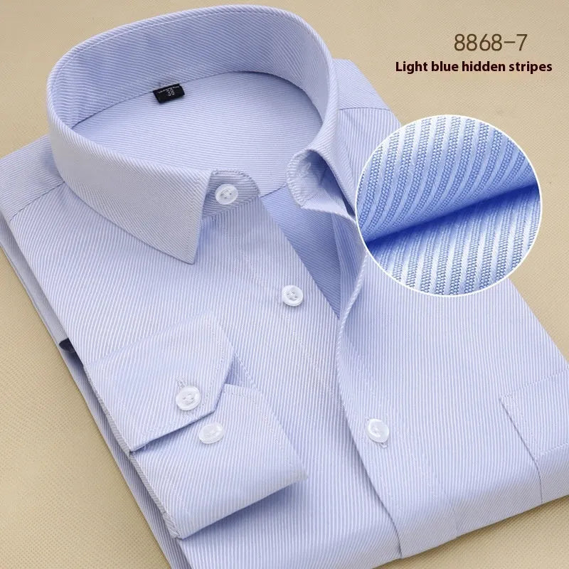 Men's black slim fit long sleeve business shirt made of cotton on a hanger.