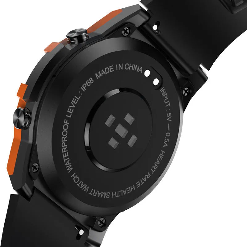 Smart watch with AMOLED display in orange colour showing heart rate and time on wrist