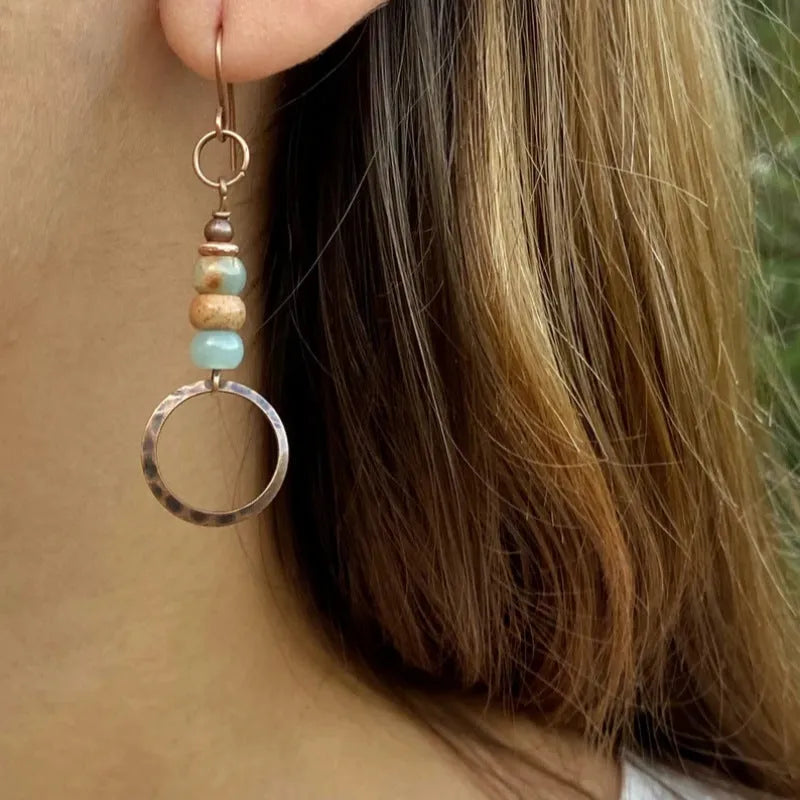 Women's hammered turquoise beaded pendant earrings in creative retro style with zinc alloy construction