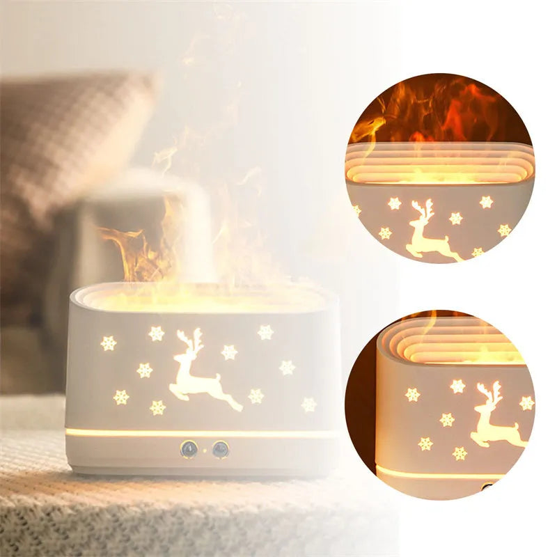 White round elk flame humidifier diffuser with USB cable, showing flame effect from mist and light on a desk